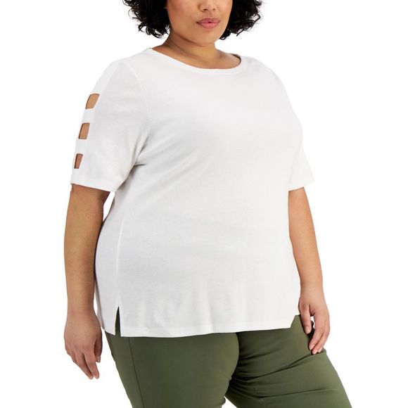 Karen Scott Plus Size Cotton Cutout Sleeve Top - Picture 1 of 1
